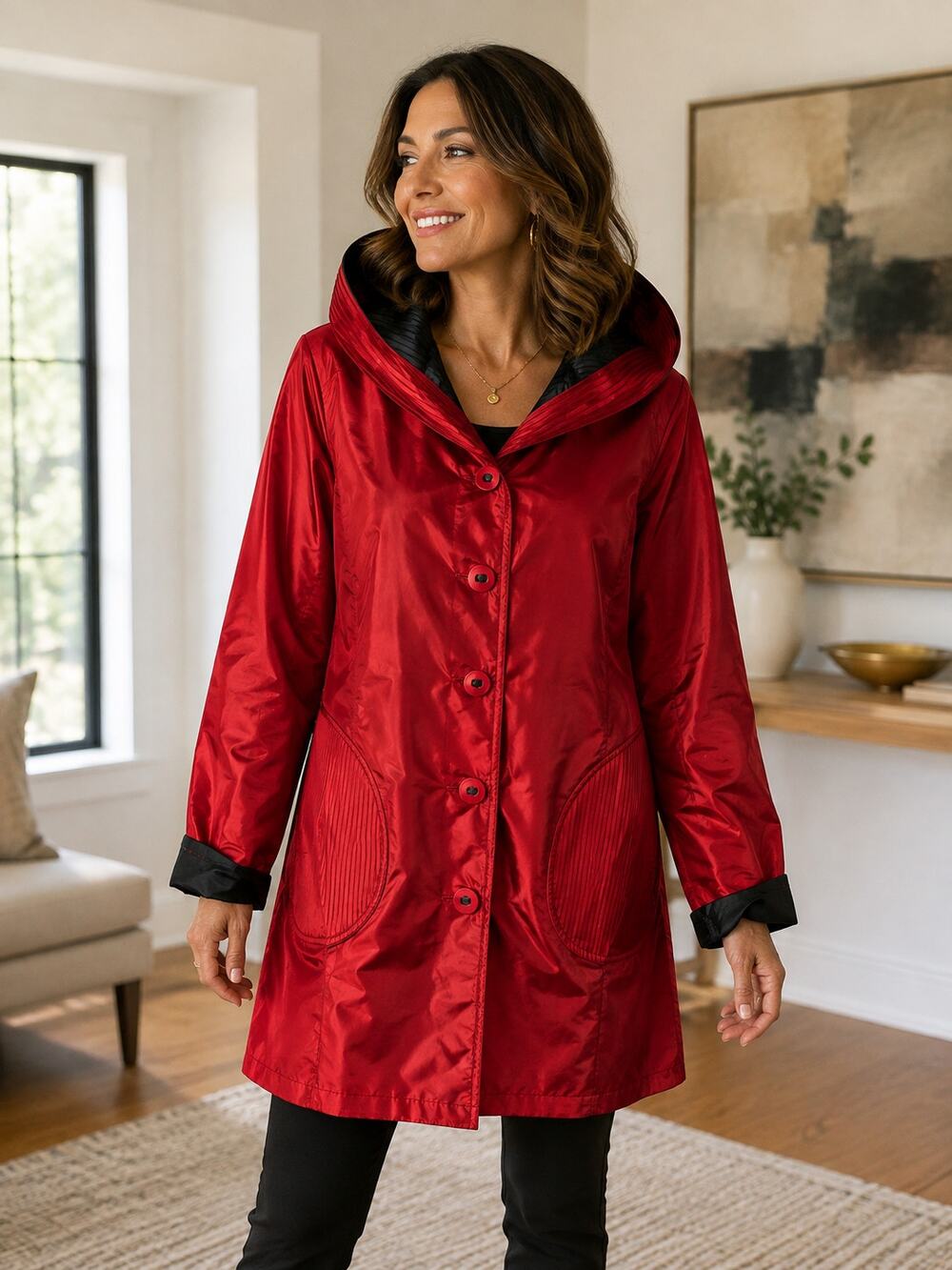 Ubu Reversible Rain Jacket Red To Black Crinkle Hood Women's Petite Small